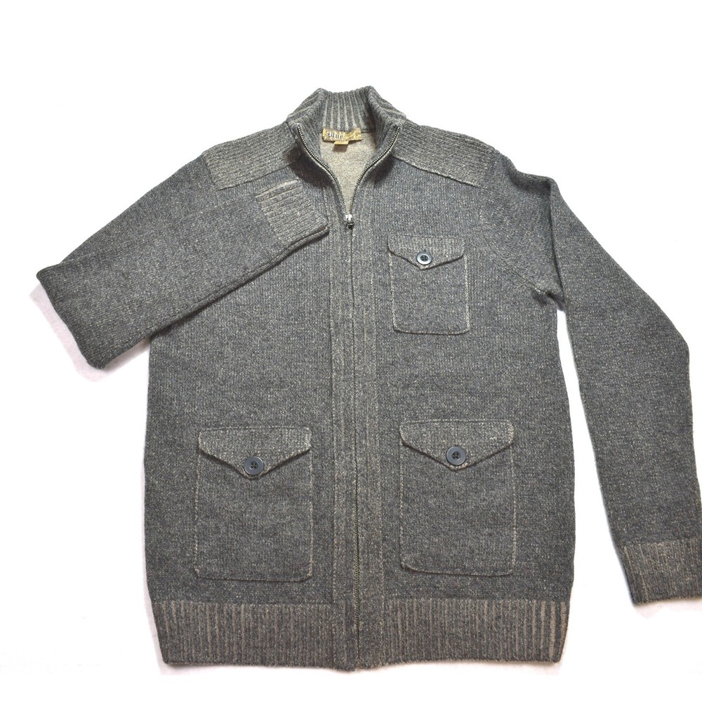 Blue Pronto Uomo Mens Wool Full Zip Sweater Gray Mock Neck Pocket Cardigan M